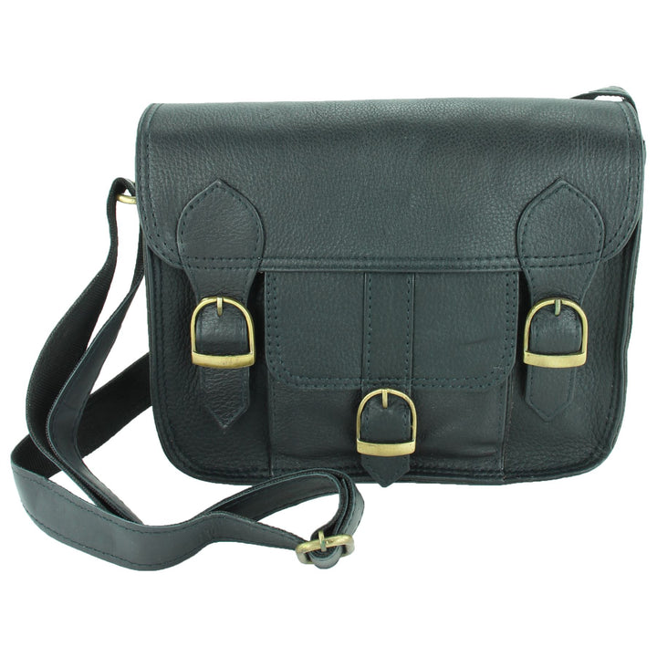 Real Leather Satchel with Front Pocket - Black