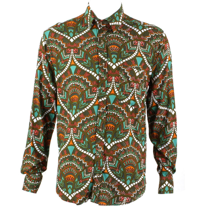 Regular Fit Long Sleeve Shirt - Brown Green & Orange Abstract