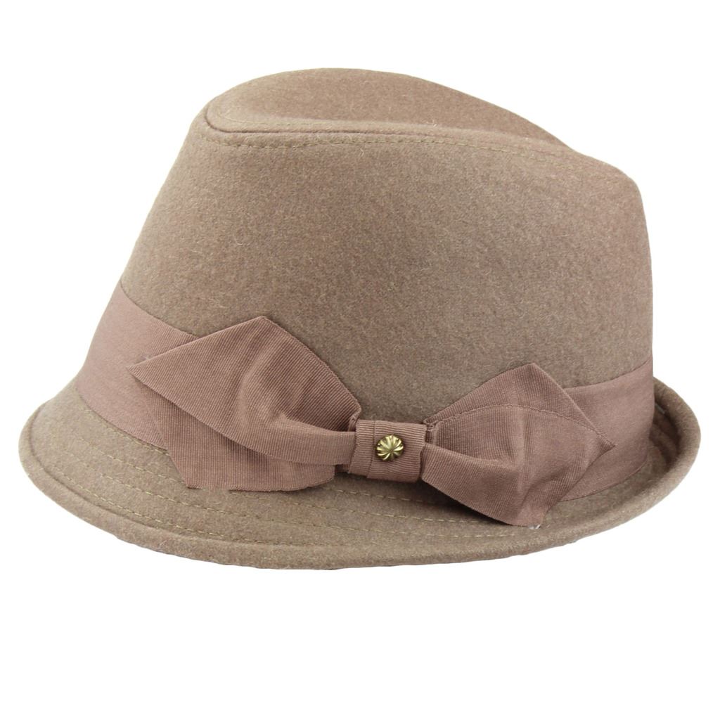 Wool trilby hat with short brim and large side bow - Brown (57cm)