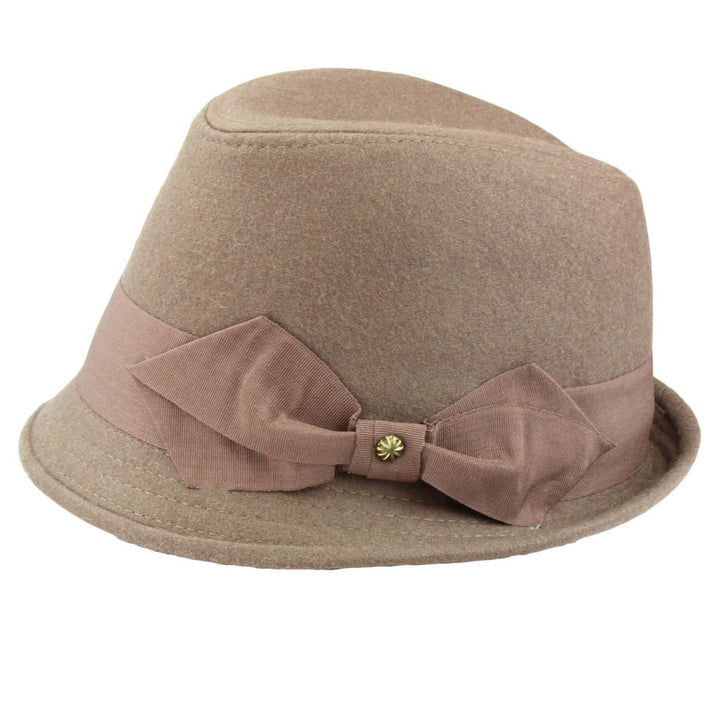 Wool trilby hat with short brim and large side bow - Brown (57cm)