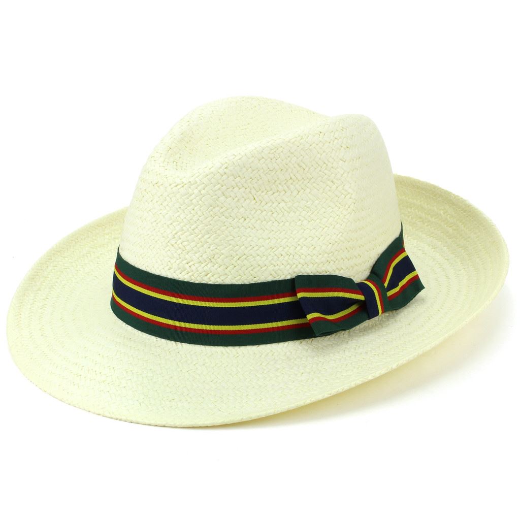 Wide Brim Straw Panama Fedora Hat - Green & Navy