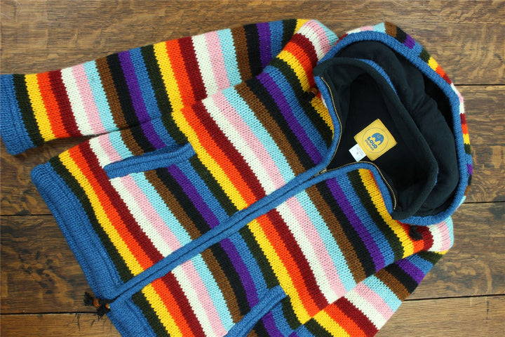 Hand Knitted Wool Hooded Jacket Cardigan Ladies Cut - Stripe Progress Rainbow