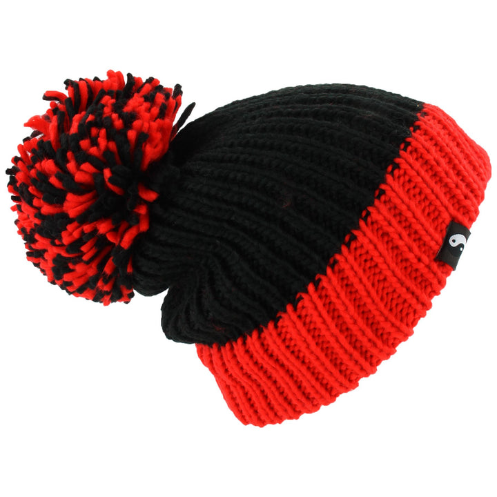 Chunky Acrylic Knit Beanie Hat with a MASSIVE Bobble - Red & Black