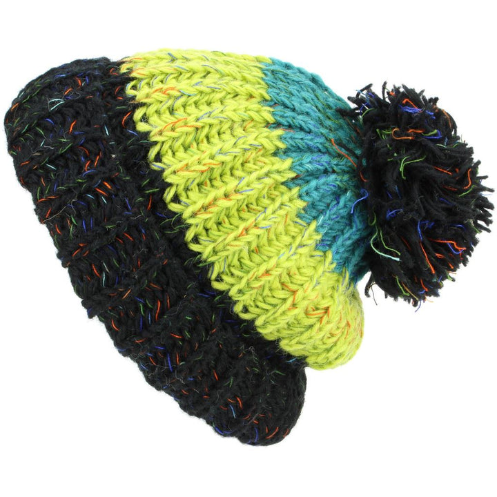 Chunky Wool Knit Baggy Slouch Striped Beanie Bobble Hat - Black