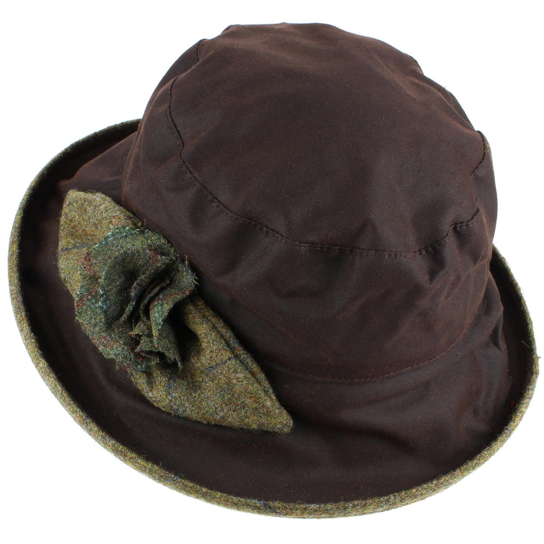 Ladies Waterproof Wax Cloche Hat with Tweed Rose and Brim - Brown (Dark Green Tweed)