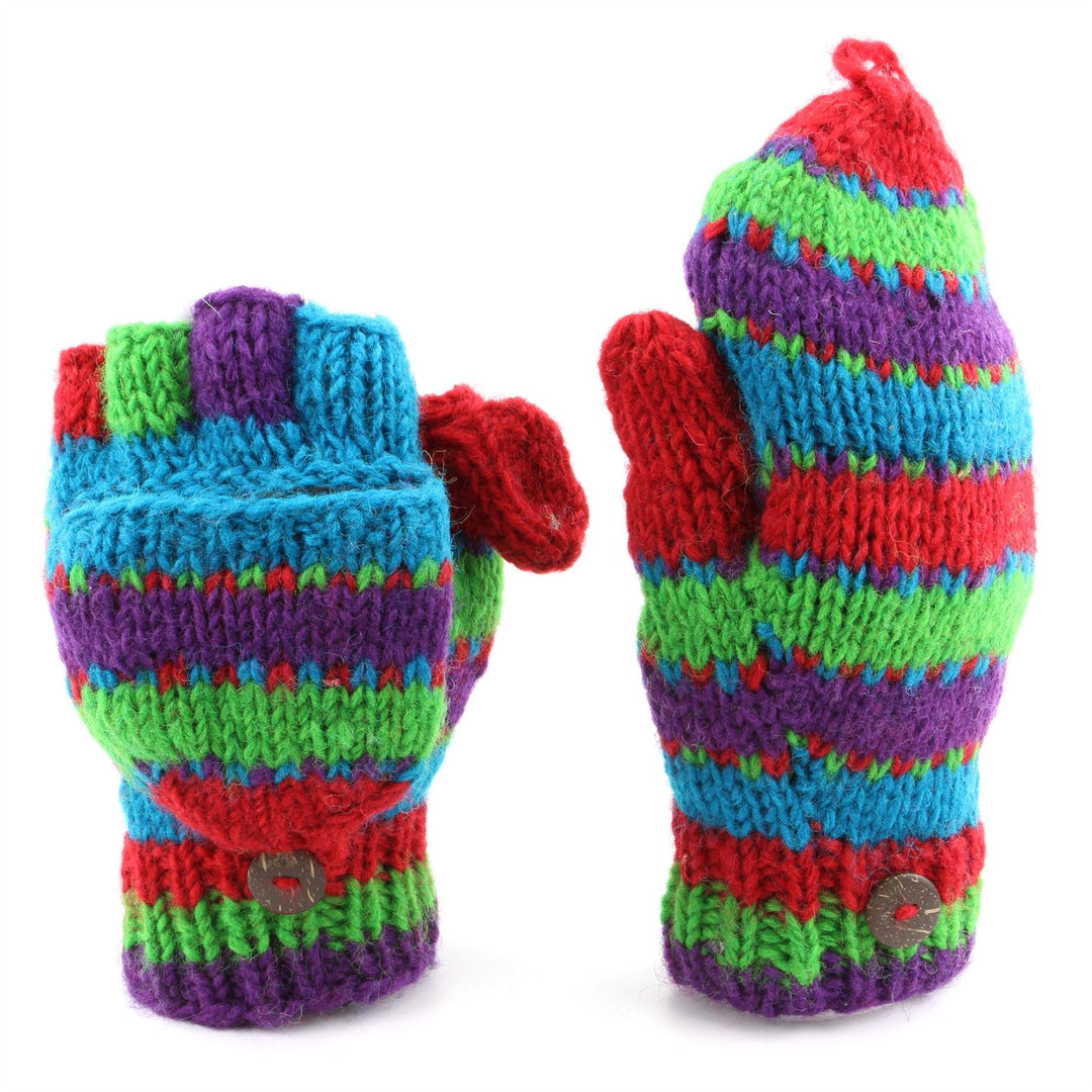 Chunky Wool Knit Fingerless Shooter Gloves - Stripe - Multi Red & Green