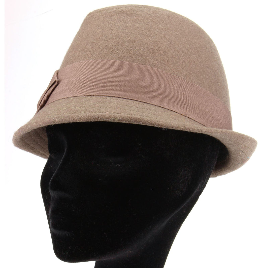 Wool trilby hat with short brim and large side bow - Brown (57cm)