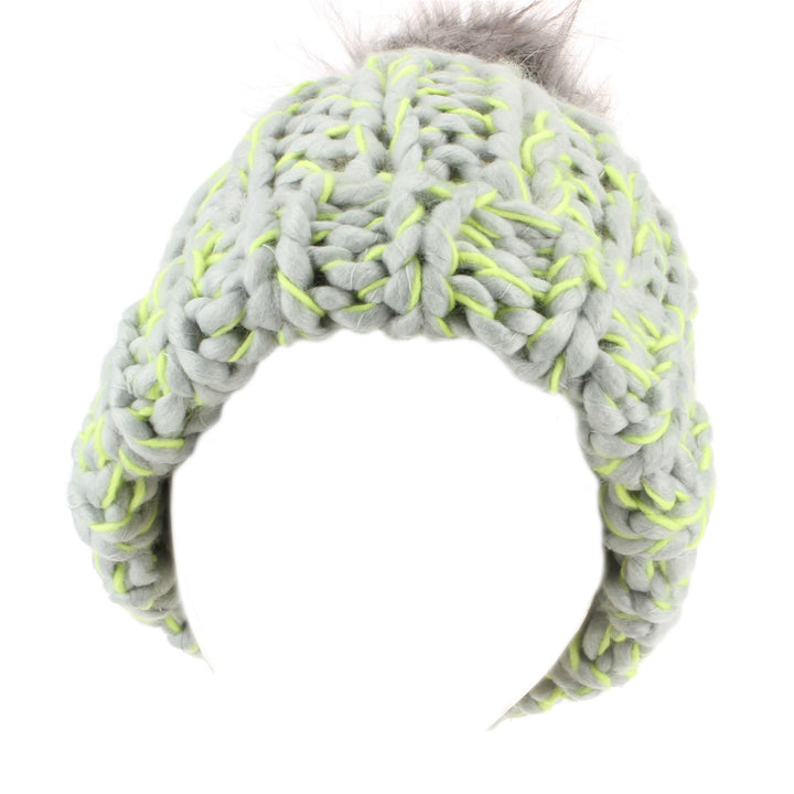 Chunky acrylic knit beanie hat with faux fur bobble - Grey & Green