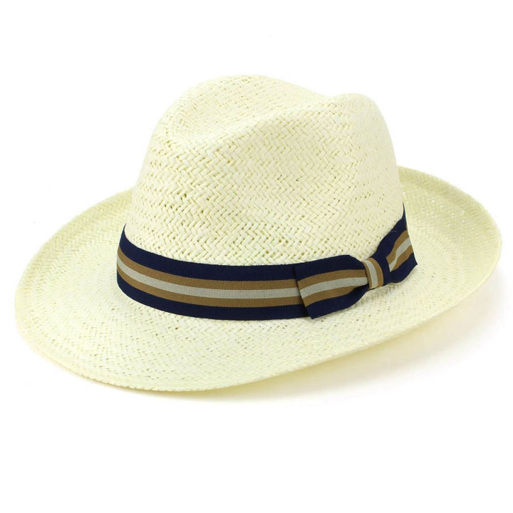 Wide Brim Straw Panama Fedora Hat  - Blue & Brown