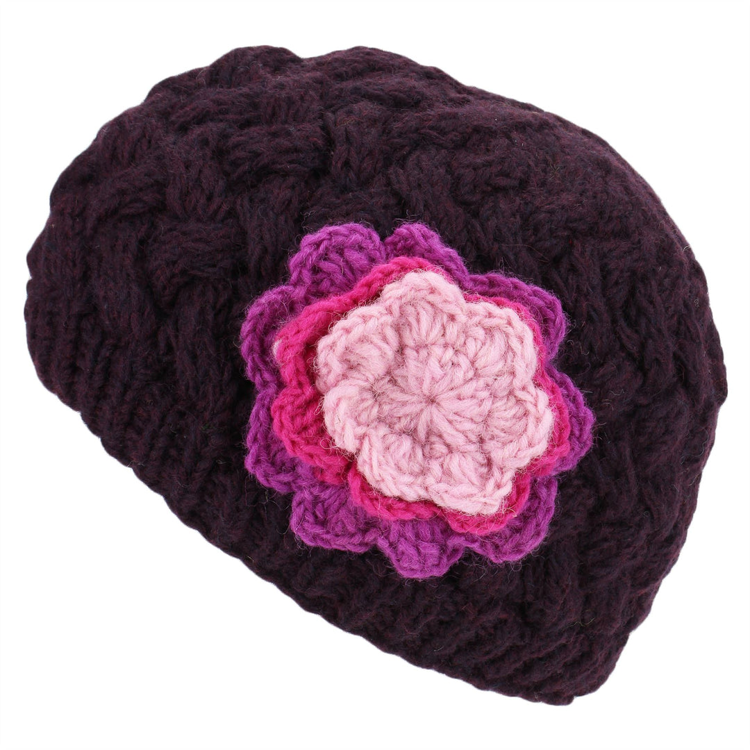 Ladies Wool Cable Knit Beanie Hat with Contrast Flower - Purple