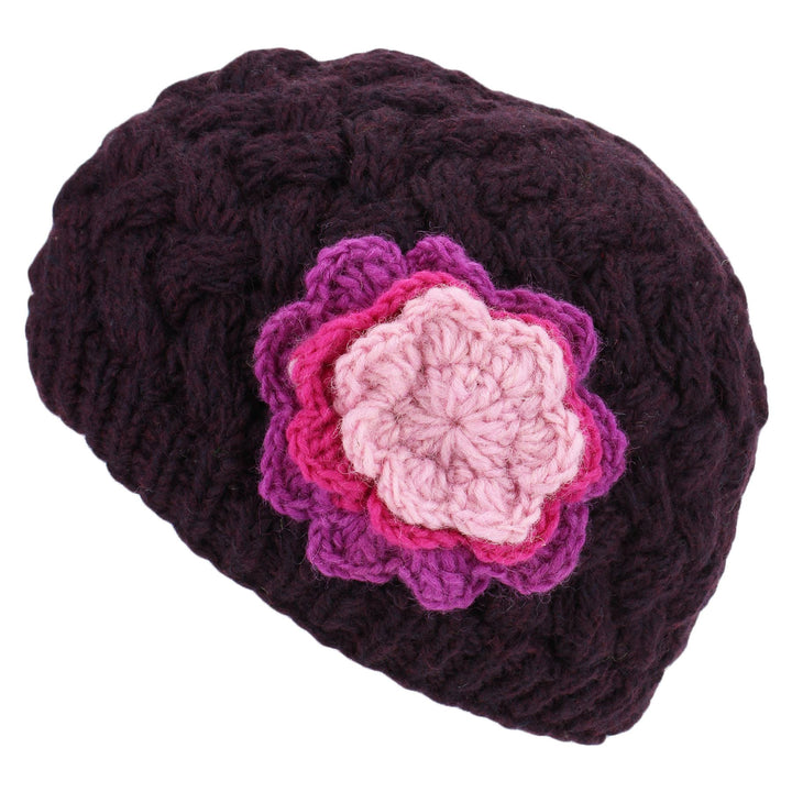 Ladies Wool Cable Knit Beanie Hat with Contrast Flower - Purple