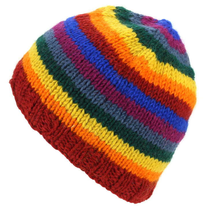 Wool knit beanie hat with fleece lining - Rainbow