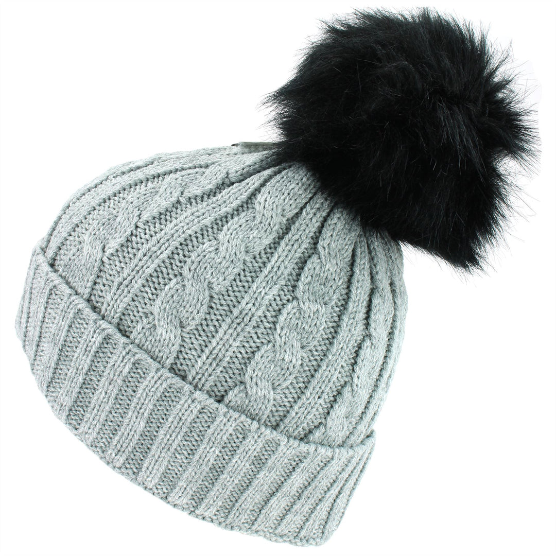 Cable Knit Beanie Hat with Faux Fur Bobble - Light Grey