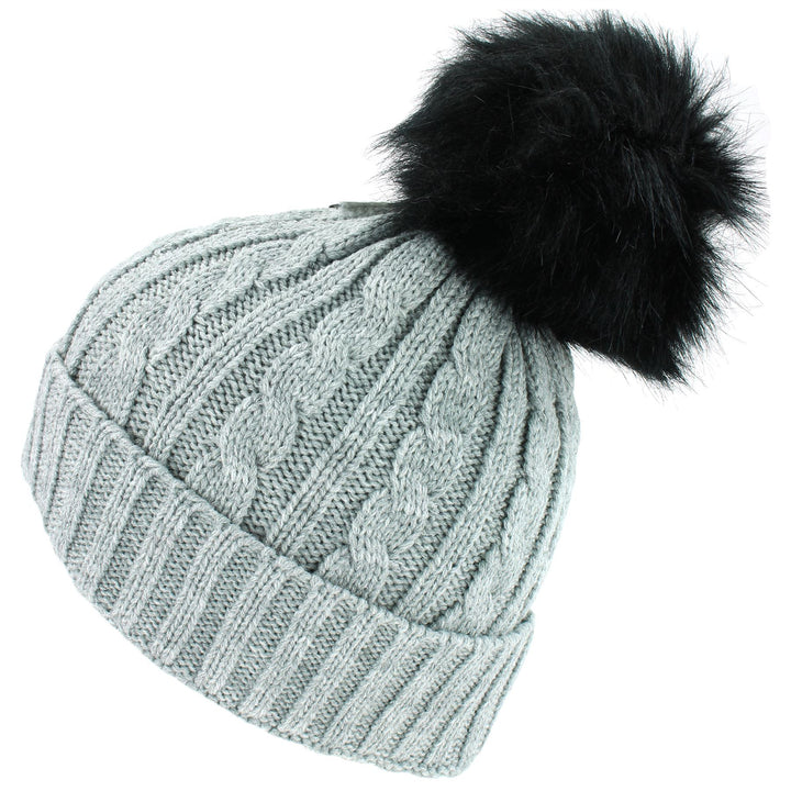 Cable Knit Beanie Hat with Faux Fur Bobble - Light Grey