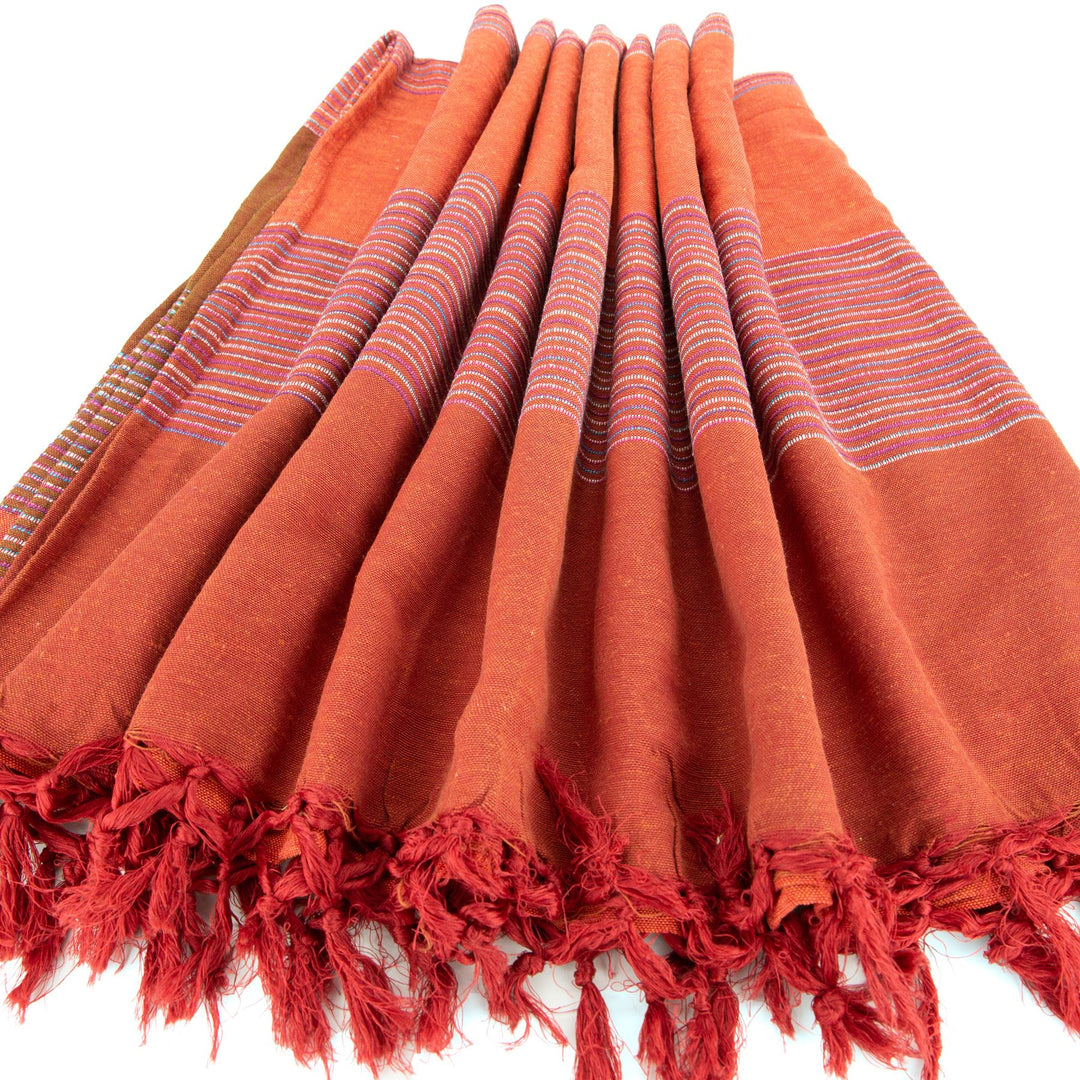 Striped Cotton Blanket With Tassel Edging - Burnt Orange