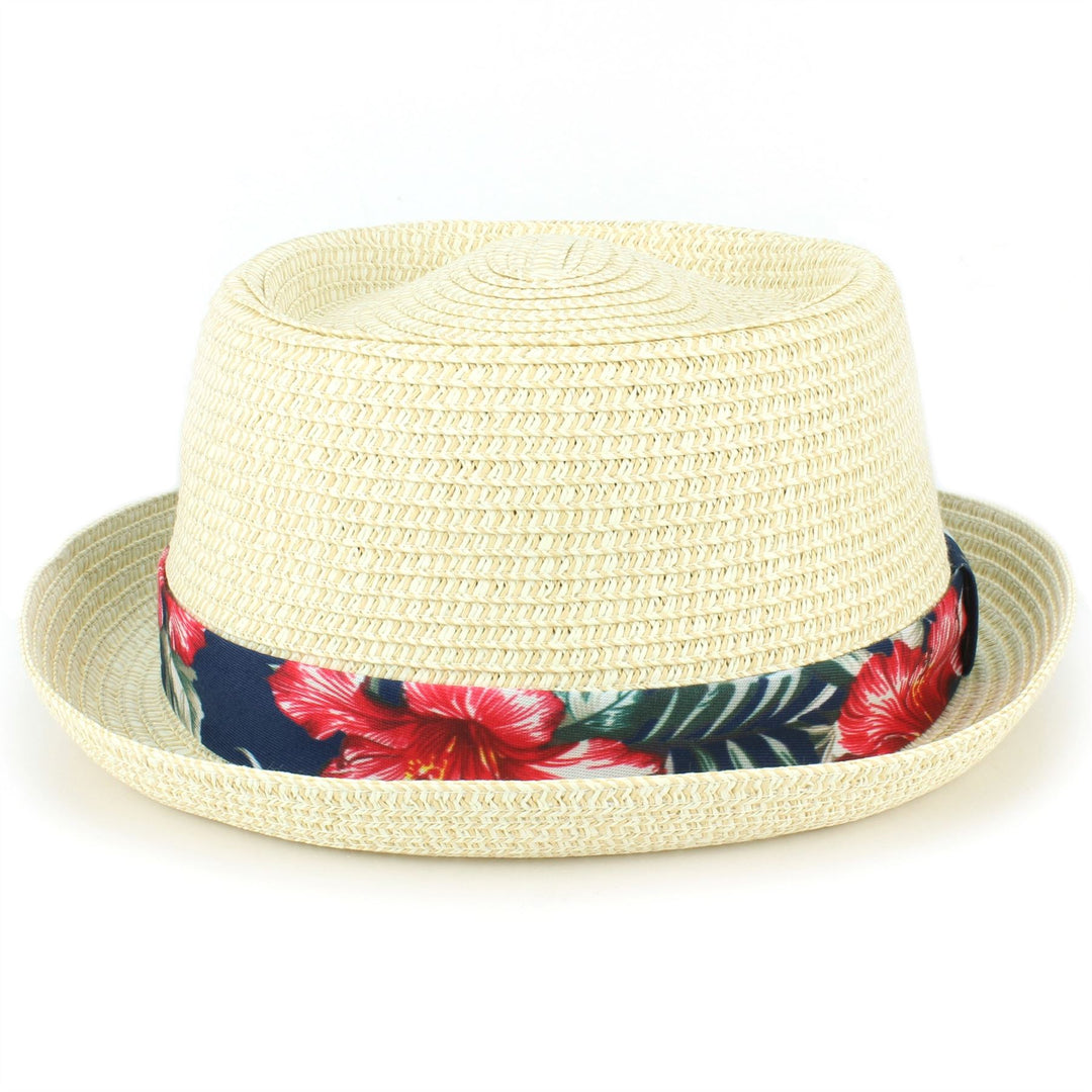 Straw Porkpie Hat with Hawaiian Floral Band - White