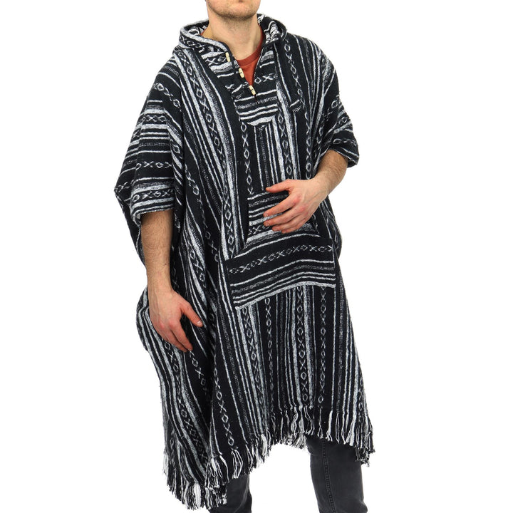 Brushed Cotton Long Hooded Poncho - Black Diamond