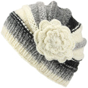 Ladies Chunky Wool Knit Shell Shaped Beanie Hat with Side Flower - Off White