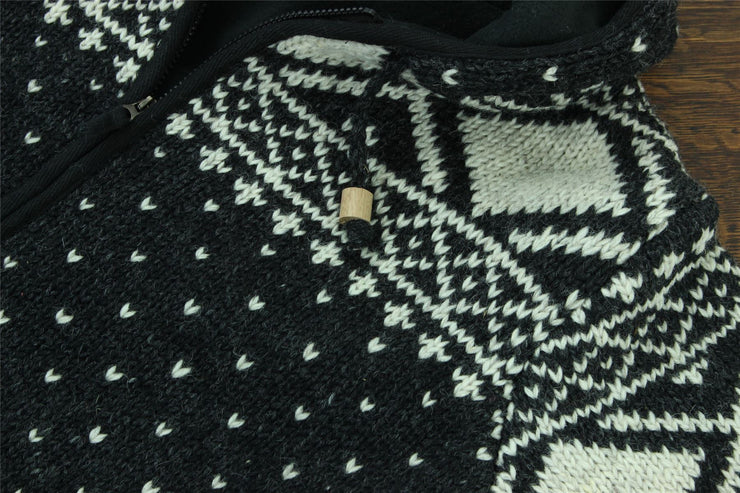 Wool Knit Fairisle Hooded Jacket - Charcoal