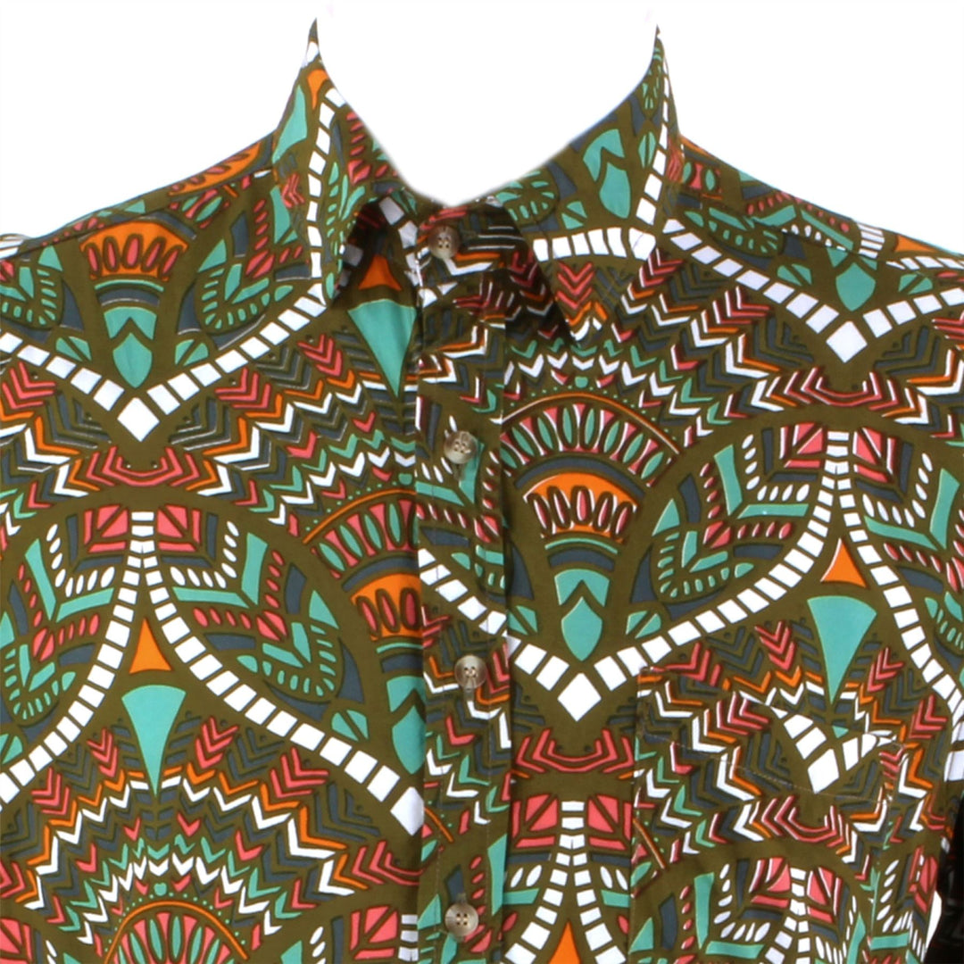Regular Fit Long Sleeve Shirt - Brown Green & Orange Abstract