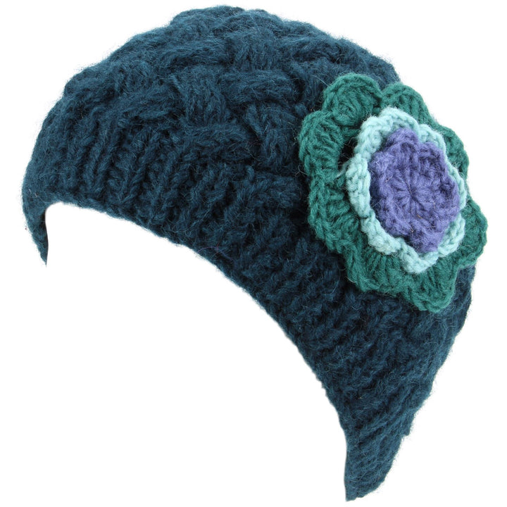 Ladies Wool Cable Knit Beanie Hat with Contrast Flower - Teal