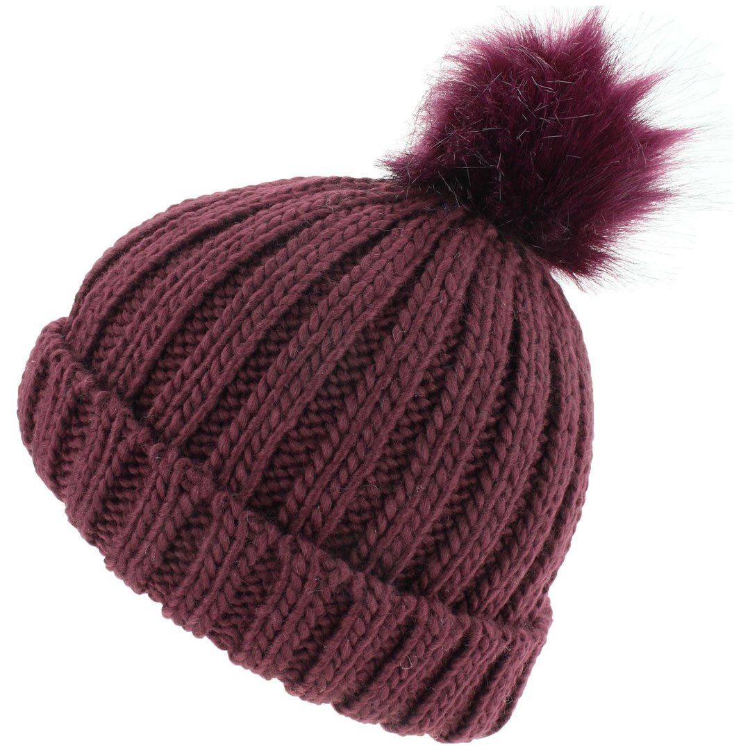 Chunky Knit Beanie Hat with Faux Fur Bobble - Purple