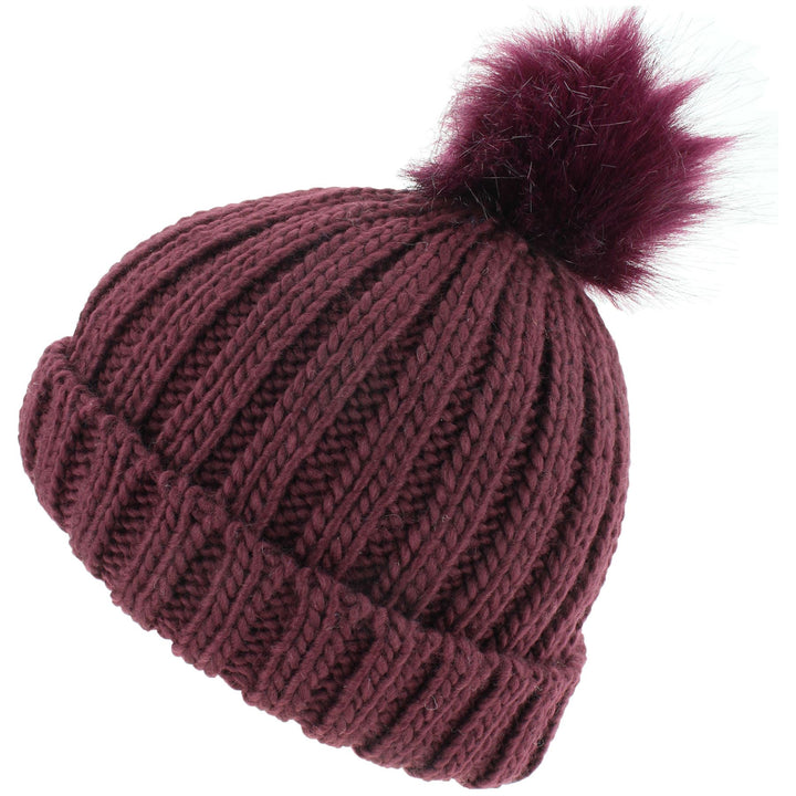 Chunky Knit Beanie Hat with Faux Fur Bobble - Purple