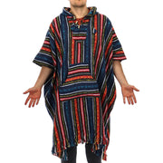 Brushed Cotton Long Hooded Poncho - Blue Red