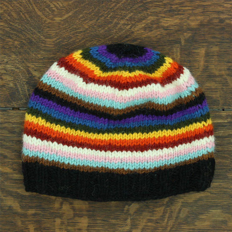 Hand Knitted Wool Beanie Hat - Stripe Progress Rainbow