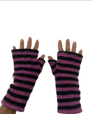 Wool Knit Fleece Lined  Wrist Warmers - Stripe Cerise Black