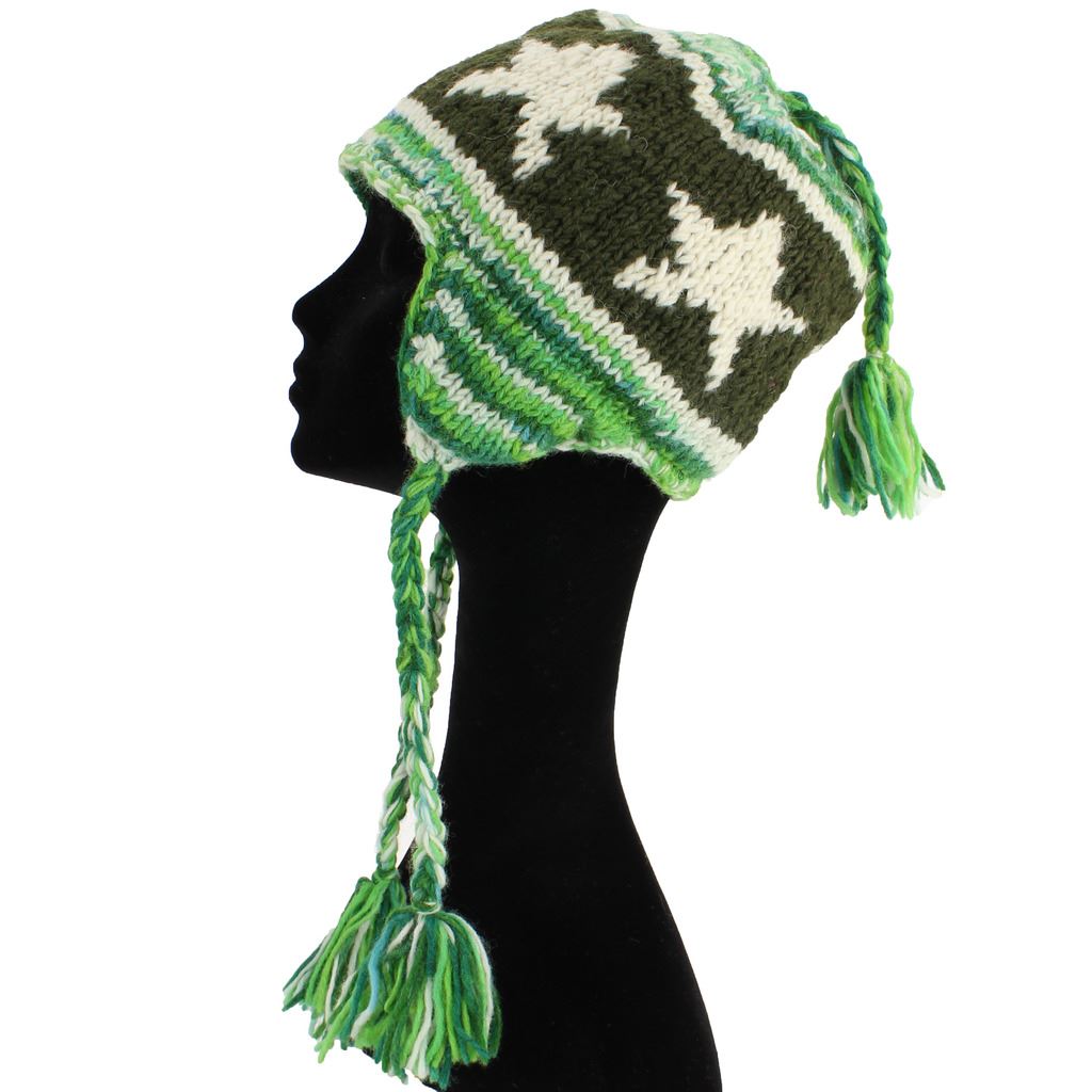 Wool Knit Earflap Tassel Hat - Star Green SD