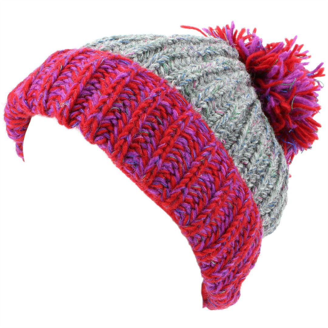 Chunky Wool Knit Baggy Slouch Beanie Hat with Contrast Turn-up and Bobble - Grey