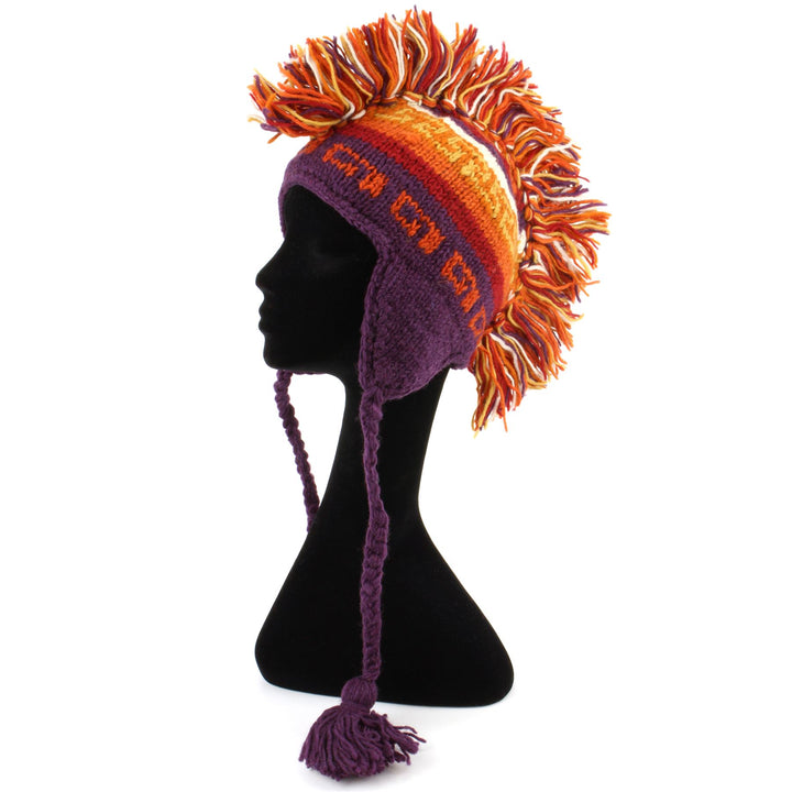 Wool Knit 'Punk' Mohawk Earflap Beanie Hat - Orange Rust (Adult)