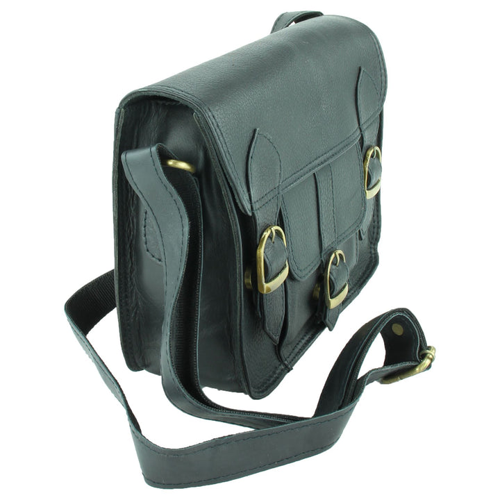 Real Leather Satchel with Front Pocket - Black