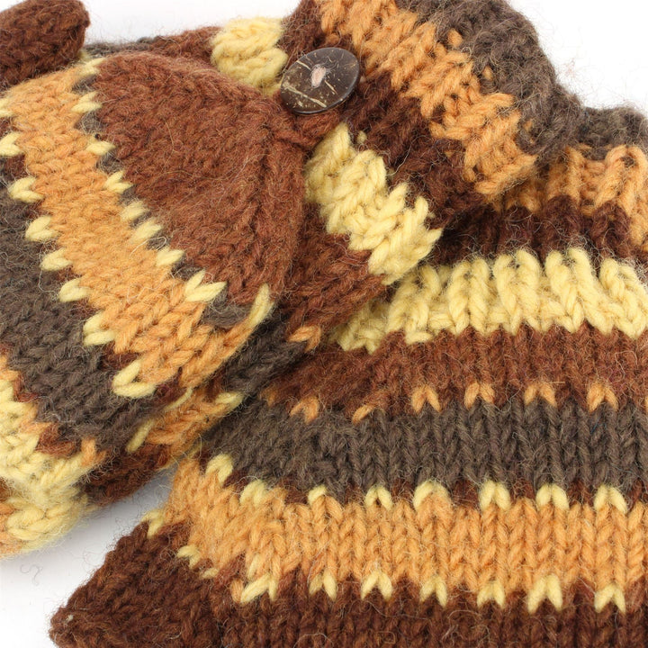 Chunky Wool Knit Fingerless Shooter Gloves - Stripe - Brown