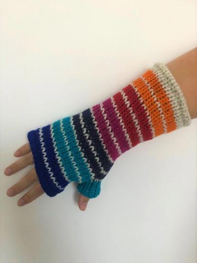 Wool Knit Fleece Lined  Wrist Warmers - Stripe Blue
