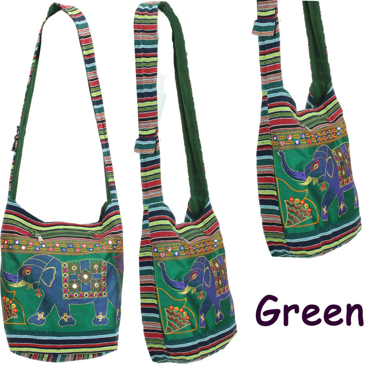 Embroidered Elephant Canvas Sling Shoulder Bag - Green