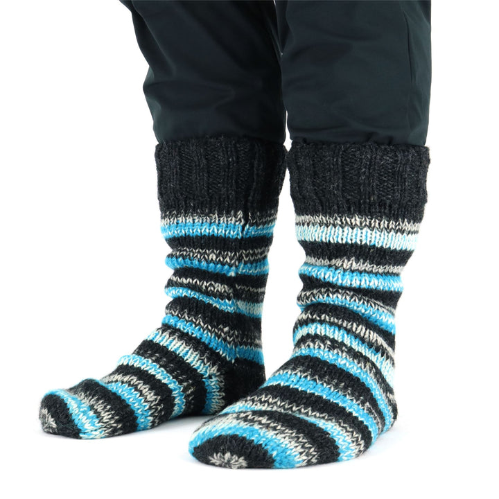 Hand Knitted Wool Slipper Socks - SD Light Blue Charcoal