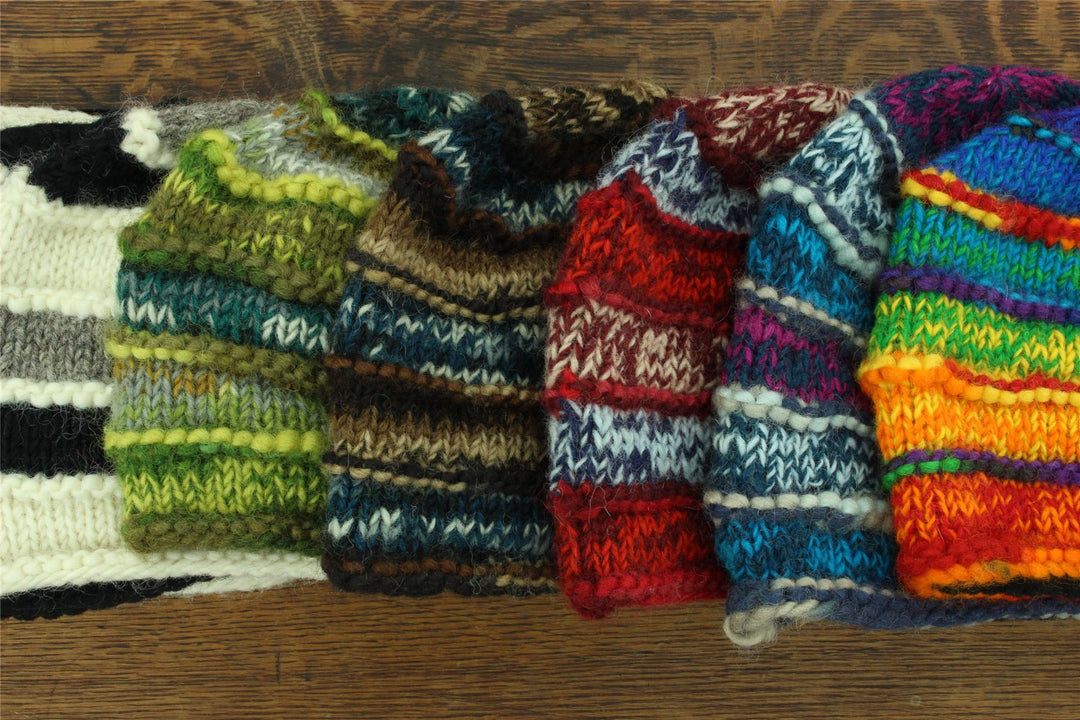 Hand Knitted Wool Beanie Hat - Stripe Black Cream