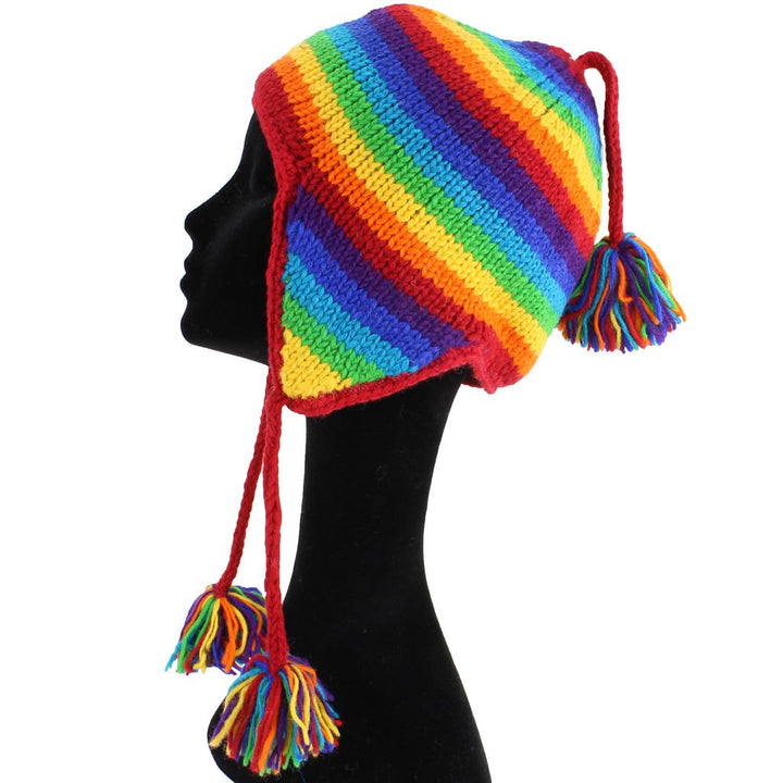 Wool Knit Earflap Tassel Hat - Stripe Rainbow