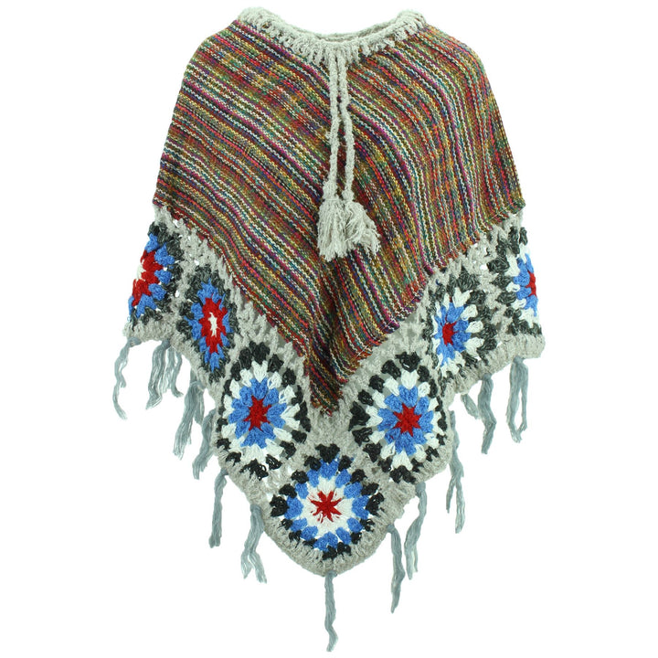 Granny Squares Crochet Poncho Short - Rainbow/Grey