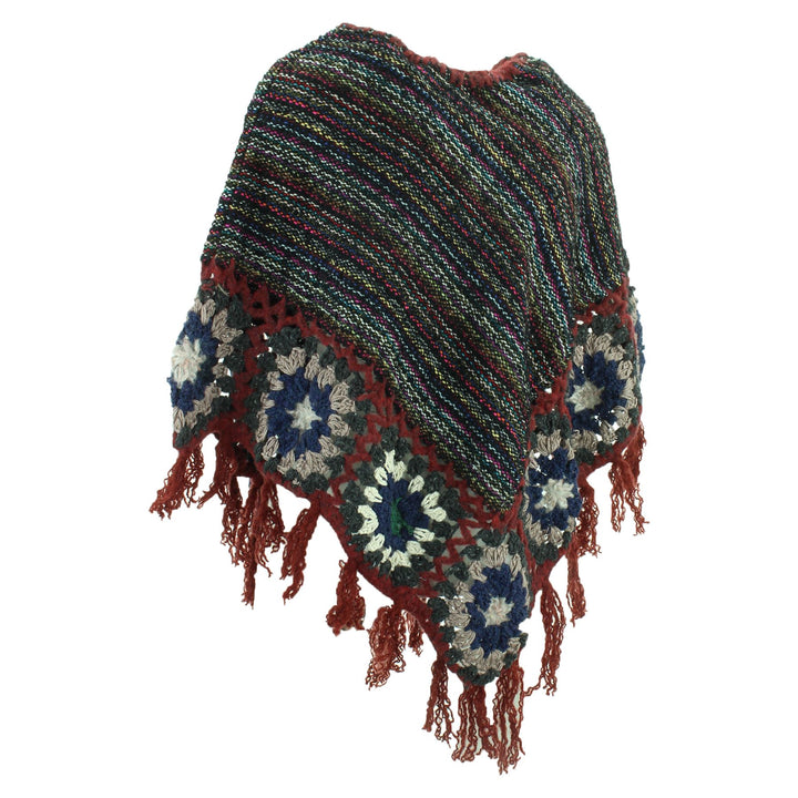 Granny Squares Crochet Poncho Short - Black Multi/Maroon
