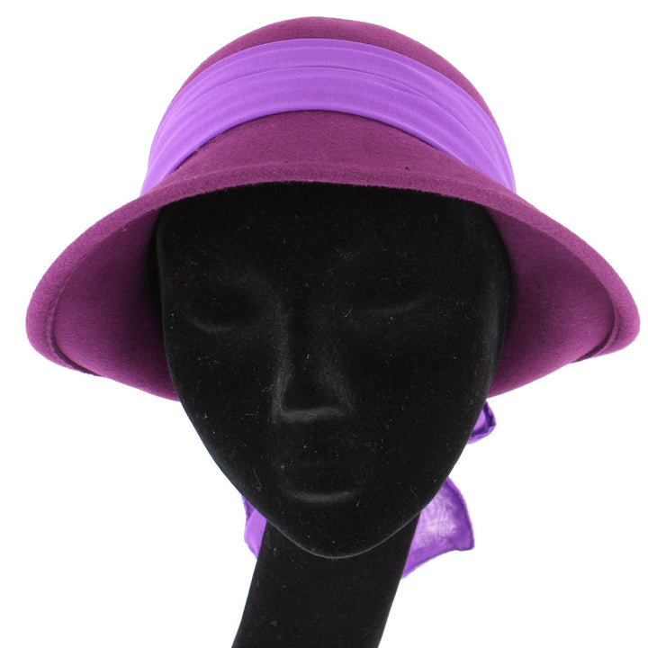 Wool felt cloche hat with wide chiffon band and bow - Purple (57cm)