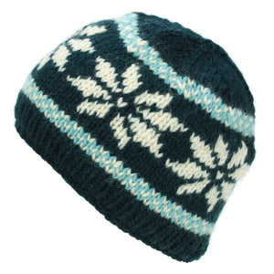 Handgestrickte Beanie-Mütze aus Wolle – Schneeflocken-Dunkelblaugrün