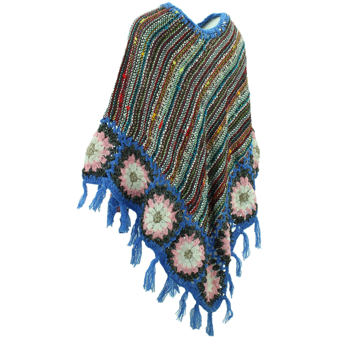 Granny Squares Crochet Poncho Long - Black Multi/Blue