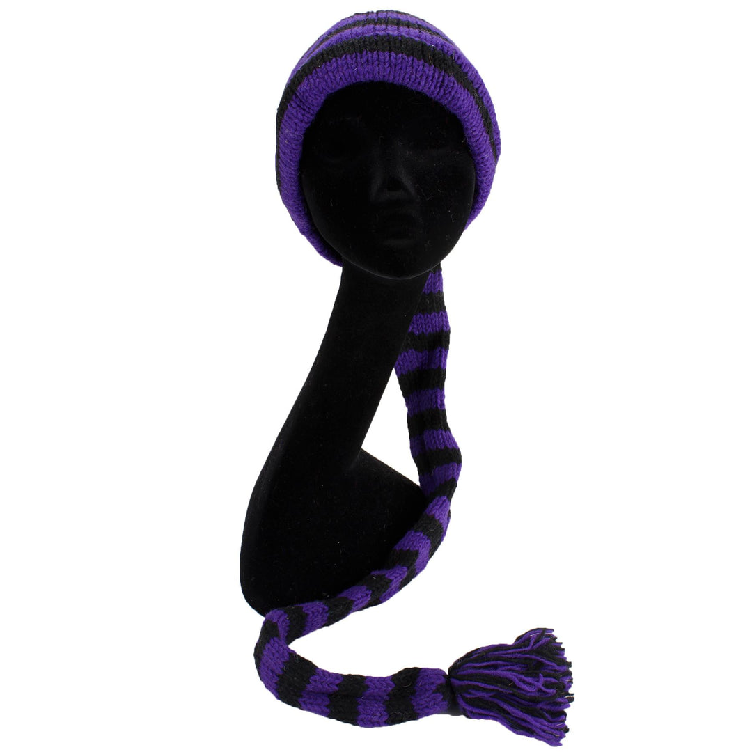 Wool Knit 'Tinky Winky' Tail Beanie Hat - Purple & Black