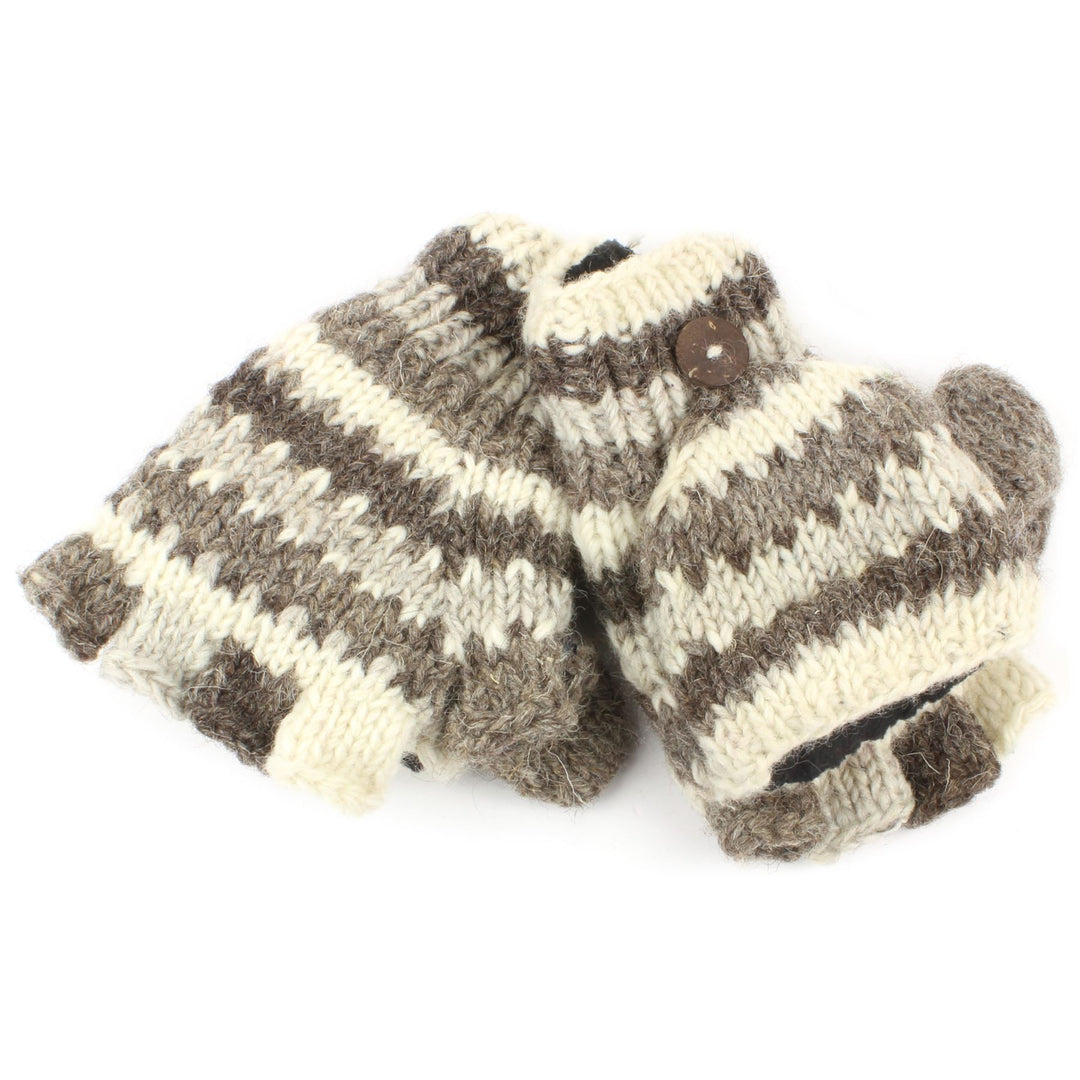 Chunky Wool Knit Fingerless Shooter Gloves - Stripe - Grey & White