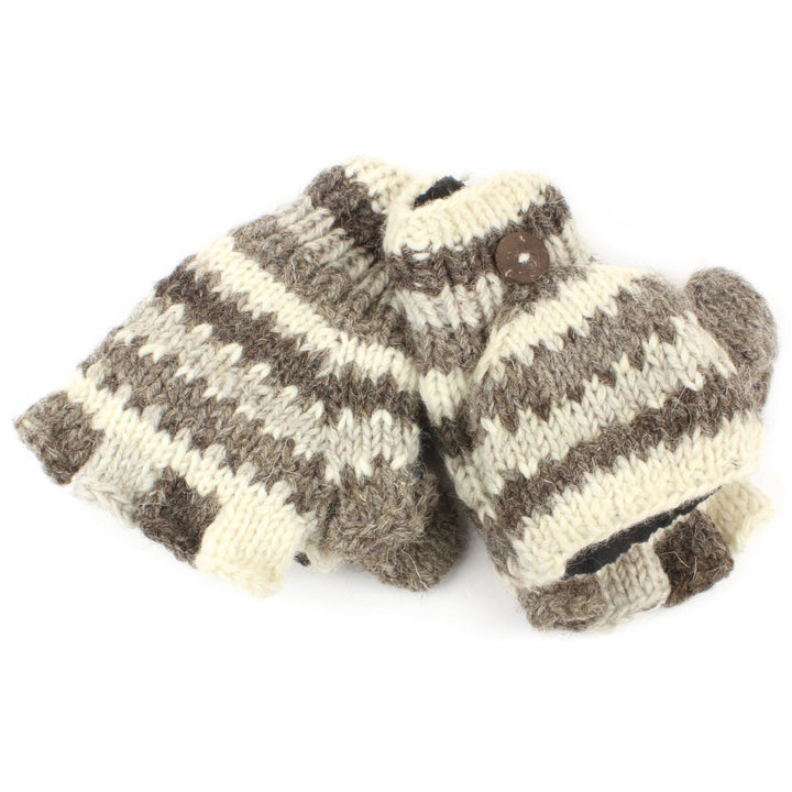 Chunky Wool Knit Fingerless Shooter Gloves - Stripe - Grey & White