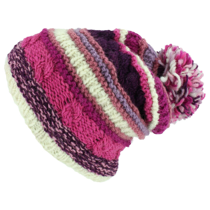 Wool Knit Bobble Beanie Hat - Stripe Pink