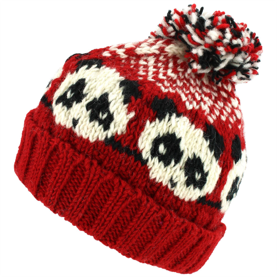Wool Knit Bobble Beanie Hat - Panda - Red White